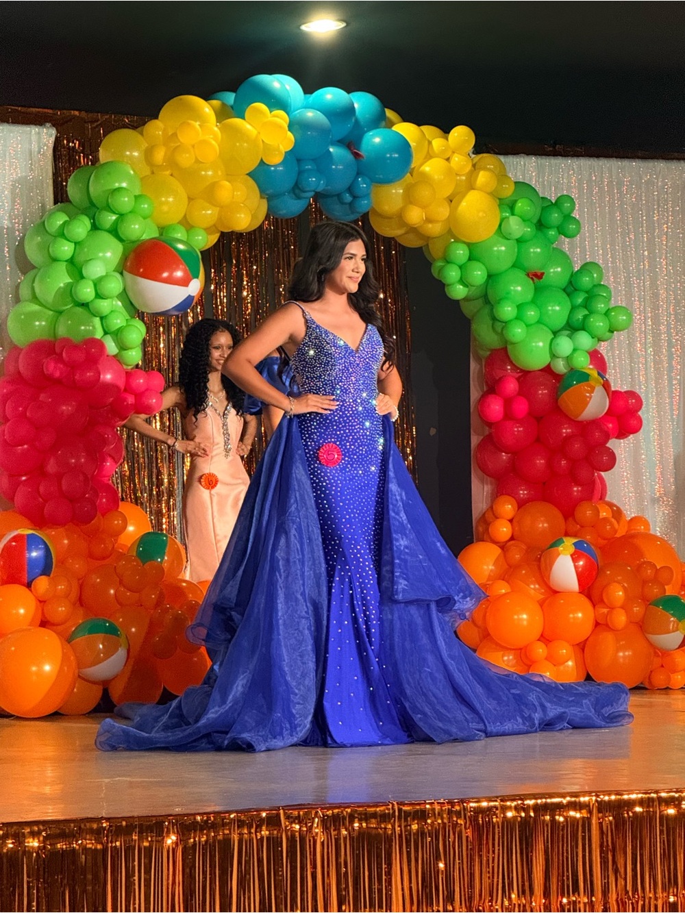 Johnathan Kayne Royal Blue Rhinestoned Evening Gown with overskirt